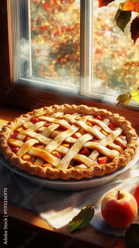Poster close-up of a freshly baked apple pie with a golden crust resting by a sunny window in autumn