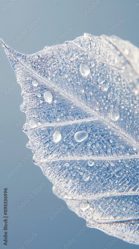 Aufkleber close-up view of a frosty leaf showing intricate details and frost-covered droplets under soft light