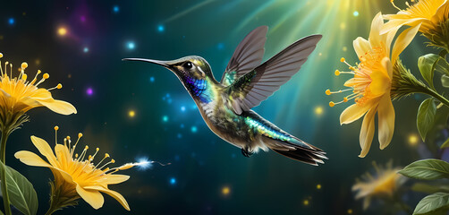 Naklejka premium Hummingbird surrounded by radiant light orbs in flight