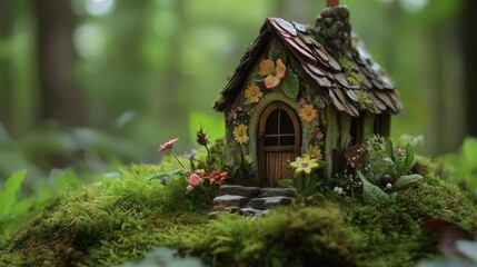 a whimsical fairy house nestled in a lush green forest, beautifully detailed with flowers and natural elements, evoking a sense of magic and wonder in a serene woodland setting