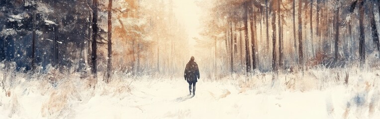 Fototapeta premium Solitary figure walking through snow-covered forest under soft light during winter morning
