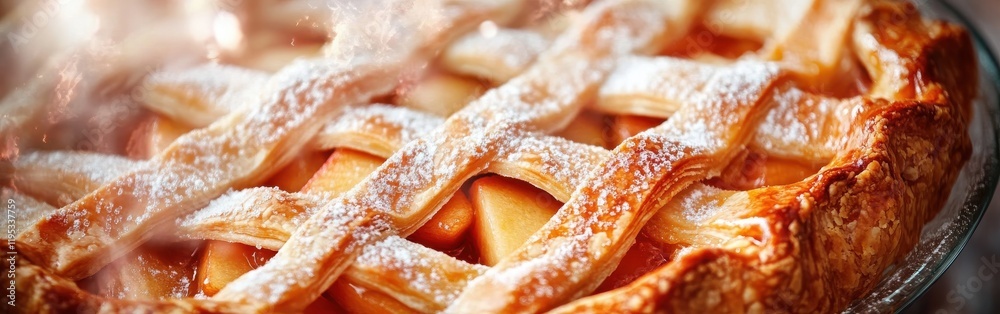 Poster close-up of an apple pie with golden crust and powdered sugar on top in a cozy kitchen setting