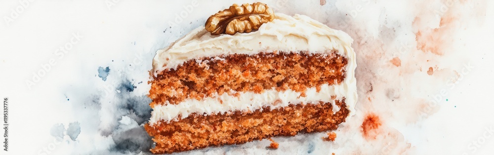 Poster delicious close-up of a moist carrot cake with cream cheese frosting and a walnut topping on a water