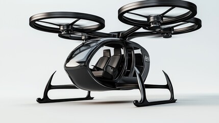 A futuristic passenger drone with a sleek design and seating.