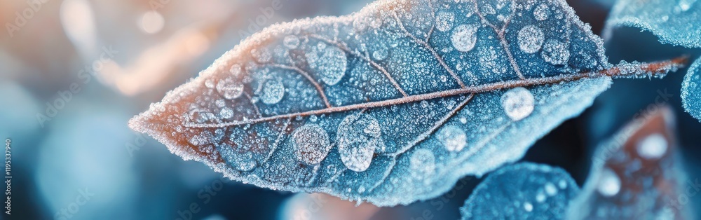 Poster close-up view of a frosted leaf with droplets in a serene winter setting capturing nature's beauty