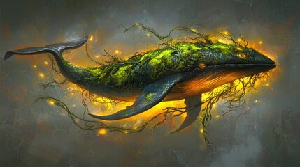 Glowing bioluminescent whale covered in vibrant green moss and vines, floating in dark space.