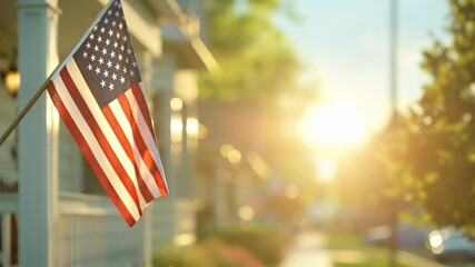 The american flag is proudly displayed on the corner of a house, with a blurred background creating a patriotic and proud scene of the united states of america.