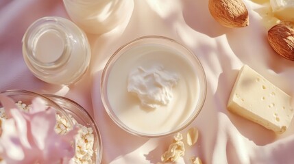 A close-up of a dairy-free meal, featuring almond milk, coconut yogurt