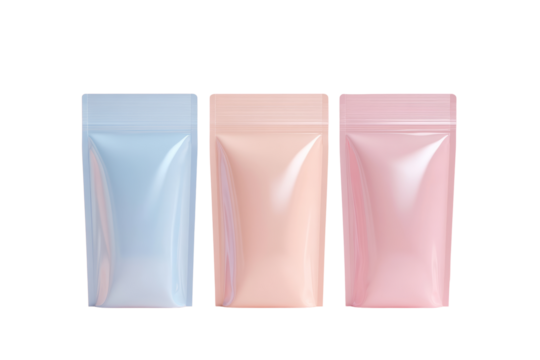 Colorful gradient packaging bag mockup layout. Set of three stand-up pouches in pastel blue, peach, and pink, ideal for stylish product packaging and branding design.