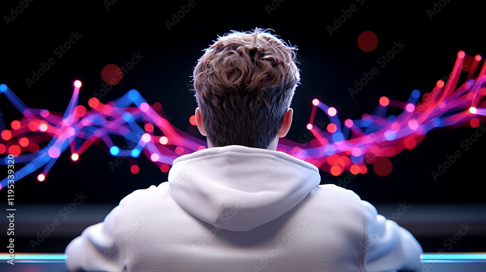 Fototapete Man Observing Abstract Data Visualization on Screen