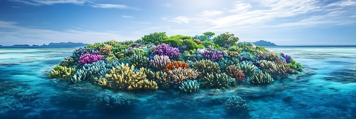 A vibrant coral island surrounded by shallow aquamarine reefs teeming with colorful marine life