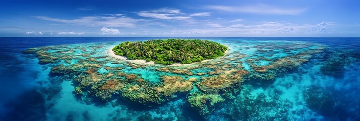 A vibrant coral island surrounded by shallow aquamarine reefs teeming with colorful marine life