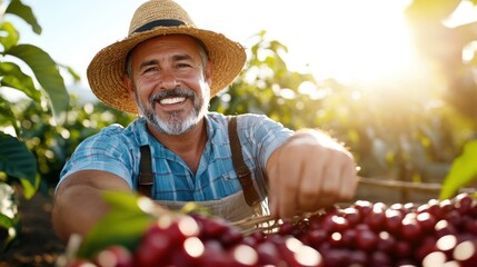 Smiling farmer harvesting ripe cherries under golden sunlight in vineyard