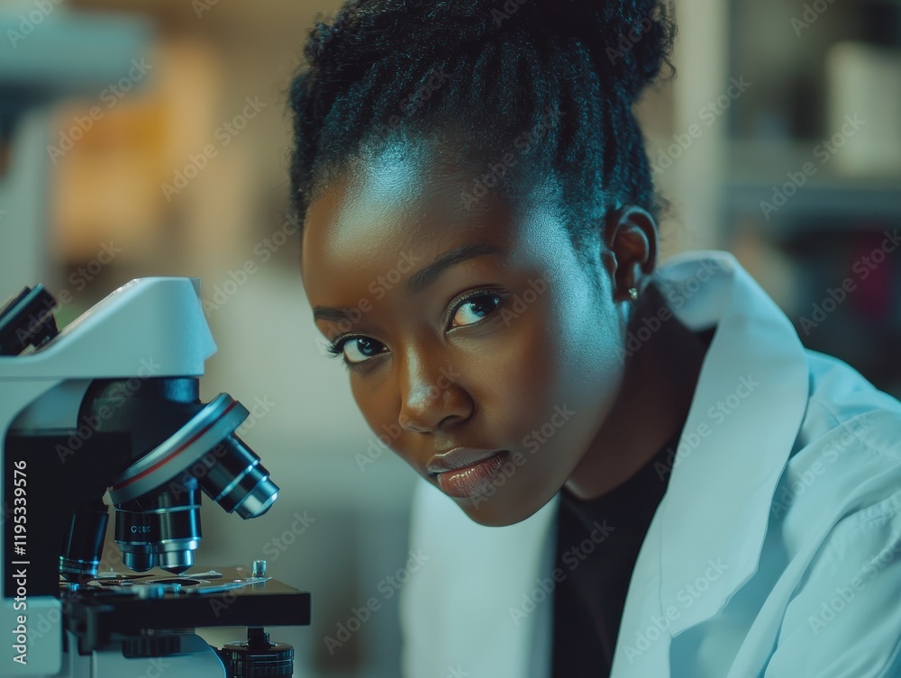 Aufkleber portrait of a focused scientist examining samples through a microscope in a modern research laborato