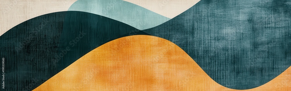 Poster Muted teal and orange abstract design featuring smooth pencil strokes and elegant arcs on a textured background