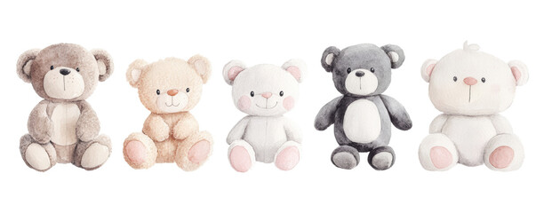 Colorful teddy bears lined in a row, playful