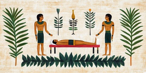 Health info reveals medical history. Ancient Egyptian scene depicting two figures performing a ritual over a reclining person.