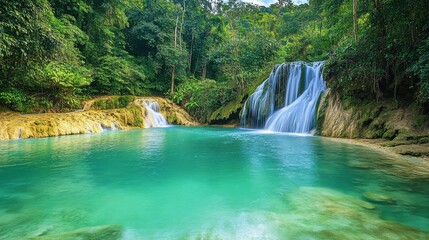 Fototapeta premium Explore the tranquil beauty of a dense jungle with a stunning waterfall cascading into a crystal-clear pool