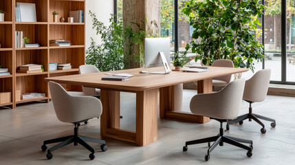 Collaborative Team Meeting Around Wooden Table With Monitor