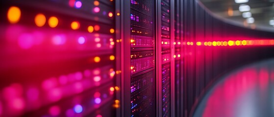 Illuminated server racks in data center.