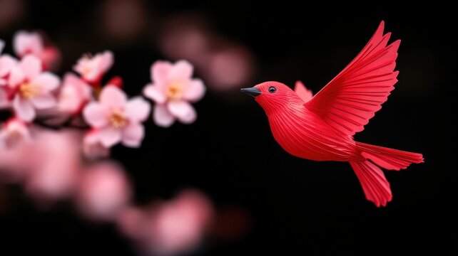 lantern hangs in the center of cherry blossoms. The red paper texture shines under bright lights full of festive joy for the Chinese New Year - Powered by Adobe