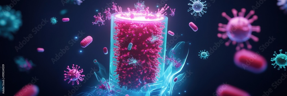 Poster Shield protecting against harmful microbes and ensuring safety in a vibrant visual representation. Generative AI