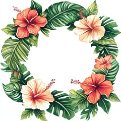 Wreath of tropical leaves and hibiscus flowers for summer decorations or events