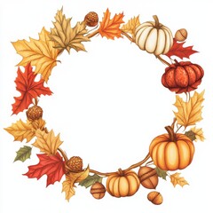 Fototapeta premium Beautiful autumn wreath featuring colorful leaves, pumpkins, and acorns set against a blank background for decoration