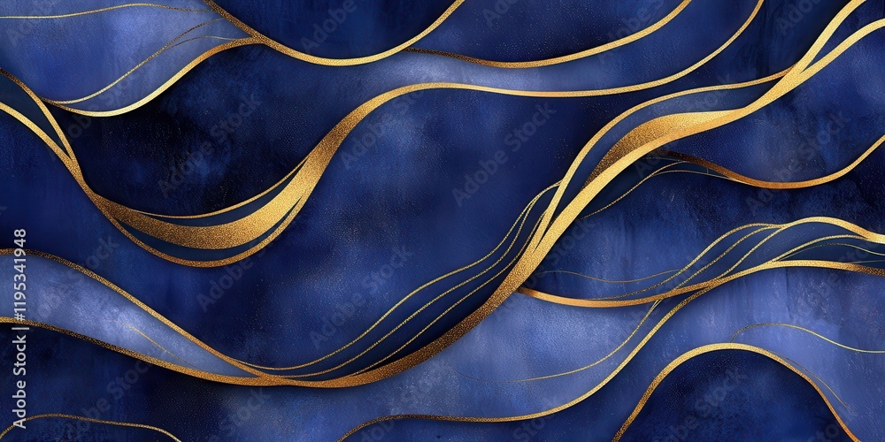 Poster elegant flowing marble texture with golden accents on deep blue background creating a serene abstrac