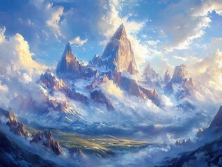 Naklejka premium dramatic mountain landscape showcasing towering peaks under a sky filled with fluffy clouds, painted with hues of blue and white, evoking a sense of adventure and natural beauty