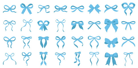 Simple hand drawn blue ribbon bow collection. Bowknot for decoration, big set of bowtie. Large retro ribbon illustration set. Set of various cartoon bow knots, gift ribbons. Valentines day. Knot, tie
