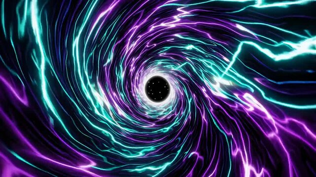 Massive black hole pulling light and energy into dark event horizon, surrounded by swirling purple and turquoise nebula clouds revealing cosmic gravitational dynamics