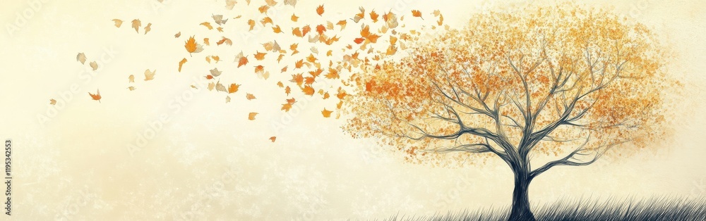 Poster elegant tree silhouette with autumn leaves falling against a soft background
