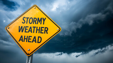 Dramatic stormy weather ahead warning sign against a dark, ominous sky. Perfect for illustrating concepts of impending danger, challenges, or uncertainty.