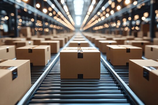 Warehouse or storage and shelves with cardboard boxes on the conveyor belt
