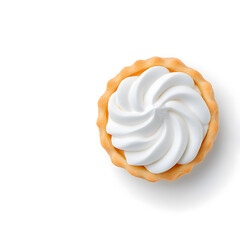 Top view meringue tart with crispy crust and fluffy meringue topping on a clean white background