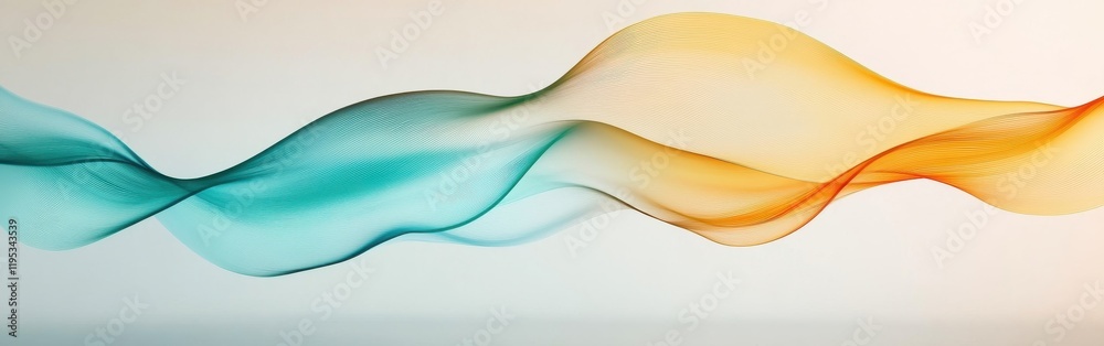 Poster Elegant flowing ribbons in gradient shades of blue and orange create a mesmerizing visual effect across a soft background