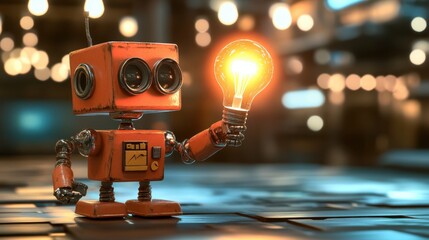 Naklejka premium Retro Robot Holding a Light Bulb in a Vintage Technology Setting