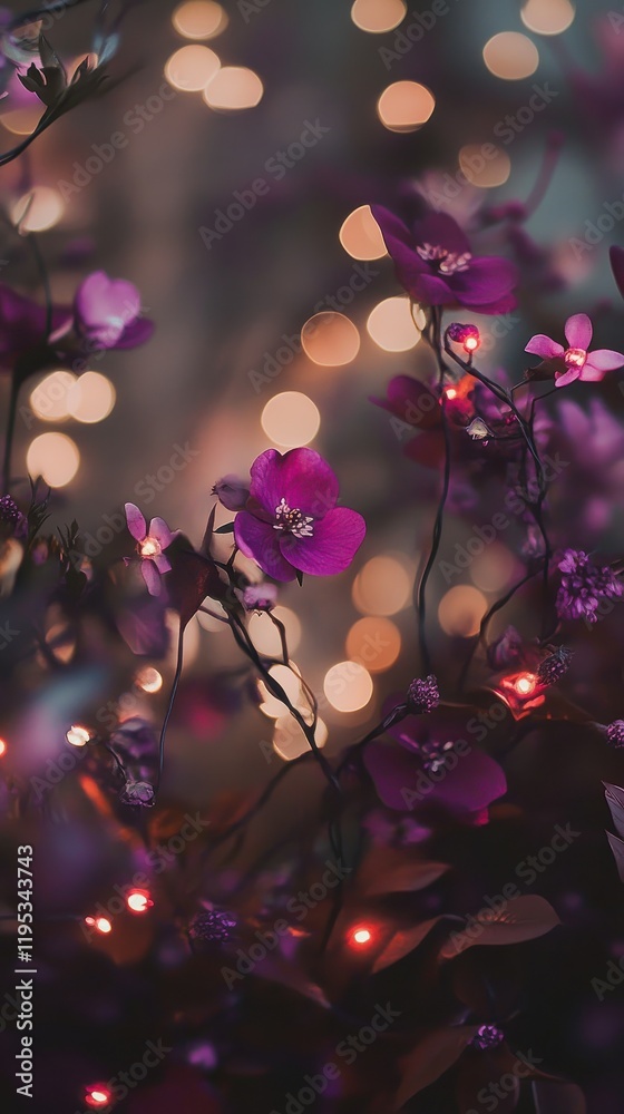 Aufkleber Glowing deep plum and soft lilac bokeh lights create an enchanting atmosphere in a soft floral setting during twilight hours