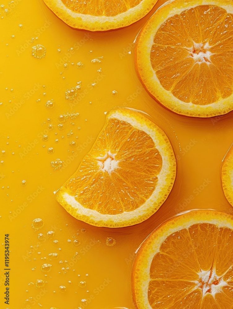 Poster Fresh orange juice displayed with sliced oranges on a vibrant yellow background in a sunny setting