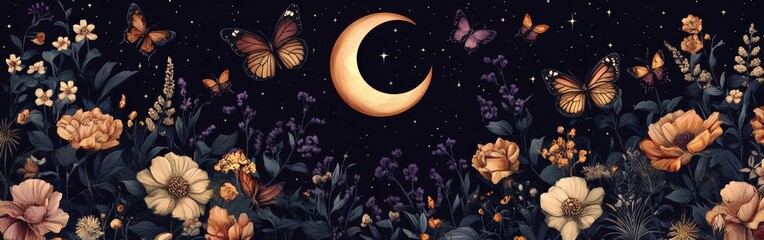 Naklejka premium A whimsical gothic garden pattern featuring florals, butterflies, and celestial elements, perfect for artistic or decorative purposes.