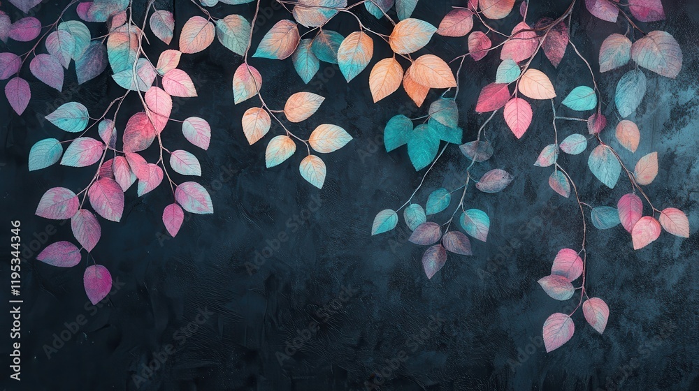 Poster Branches adorned with iridescent leaves creating a vibrant contrast against a dark background in a serene natural setting