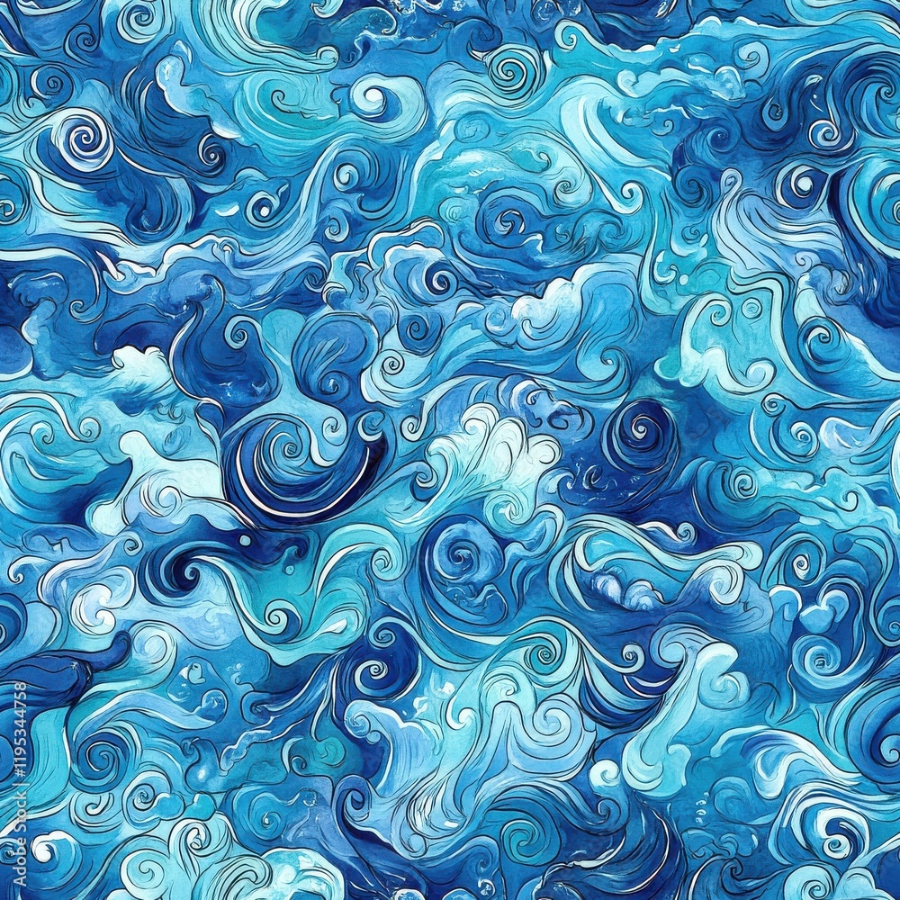 Poster intricate doodle cartoon drawing of swirling blue waves in various shades capturing a dynamic oceani