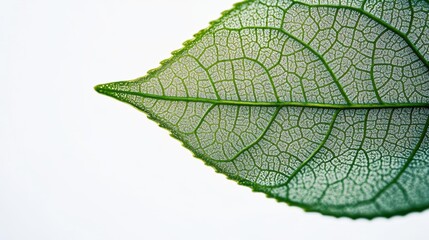 Obraz premium close-up of a vibrant green tea leaf set against a pristine white background, showcasing the delicate veins and texture, emphasizing the purity and freshness of nature's offerings
