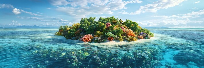 A vibrant coral island surrounded by shallow aquamarine reefs teeming with colorful marine life