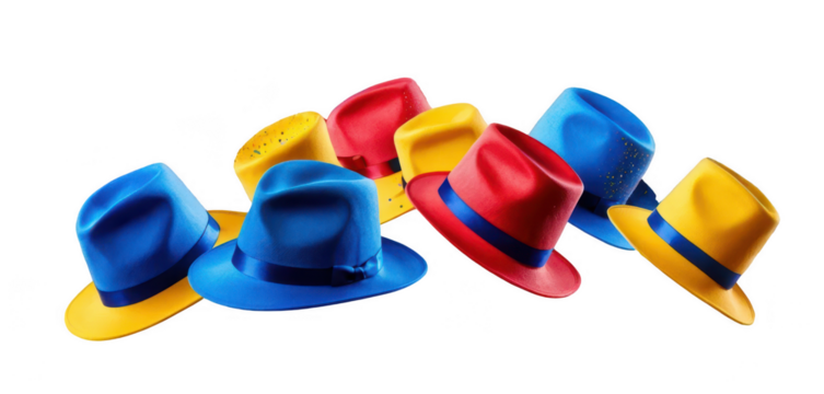 Holi hats with a checkerboard pattern in bold colors (blue, yellow, red) featuring neon splashes in circular motion, and sparkling confetti-like accents, isolated on a white transparent background PNG