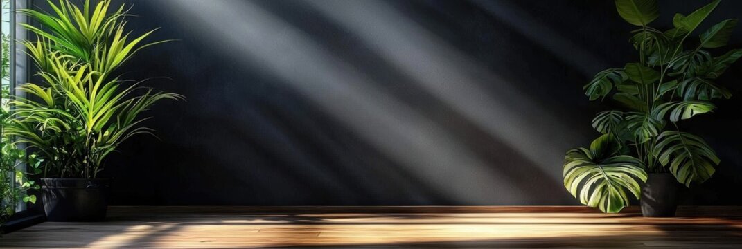 A serene minimalist room featuring lush greenery and natural wooden flooring. 