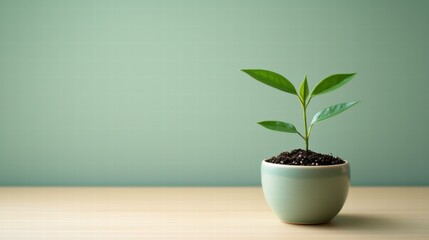 Minimalist green plant in ceramic pot on wood surface
