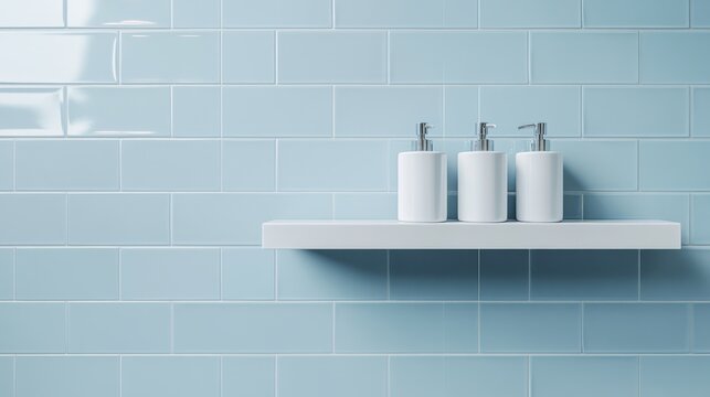 Modern bathroom shelf with three white containers on blue tiles