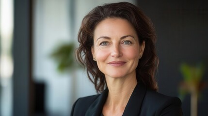 Fototapeta premium close-up portrait of a confident middle-aged businesswoman in a modern office setting, smiling warmly at the camera, exuding professionalism and satisfaction with her achievements